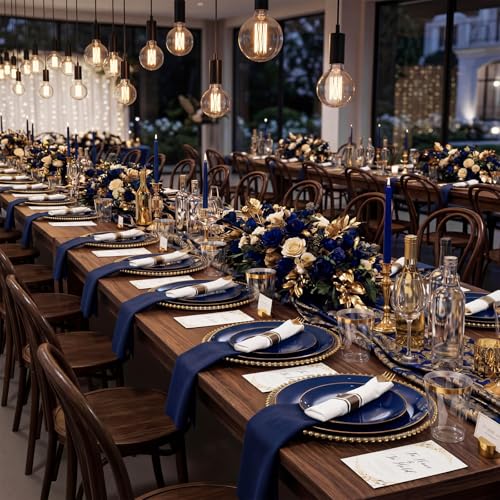 KIRE 350Pcs Blue and Gold Disposable Dinnerware Set - Heavy Duty Plates, Cups, Napkins & Silverware for Parties