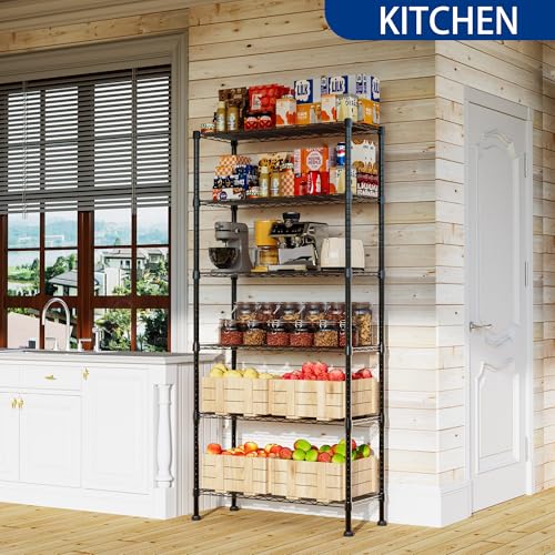 Black 6-Tier Wire Shelving Unit - Adjustable Metal Storage Rack for Laundry Kitchen Bathroom 14.1"D x 30"W x 80"H