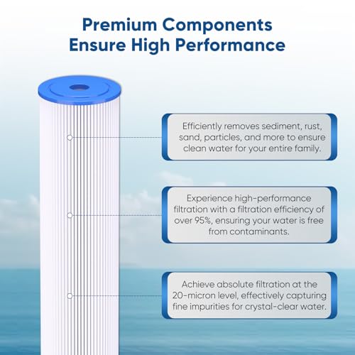 PUREPLUS 20 Micron 20x4.5 Inch Whole House Pleated Sediment Filter - 4 Pack, Model ECP5-20BB