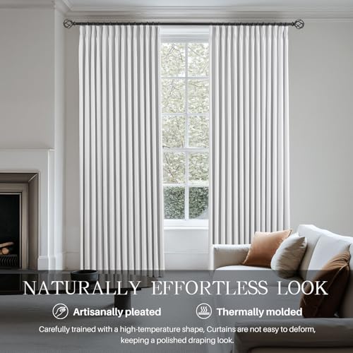 White Blackout Linen Curtains 95 Inches Long, Pack of 2 - Pinch Pleated, 40"W x 95"L