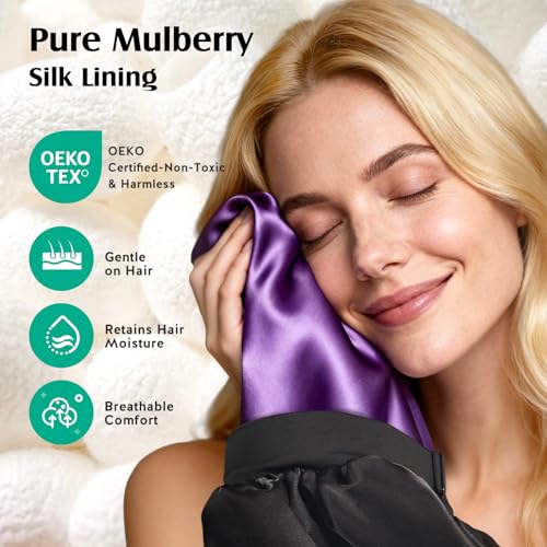 YFONG Silk Lined Sleep Bonnet for Women & Men, Double Layer Adjustable Black & Purple