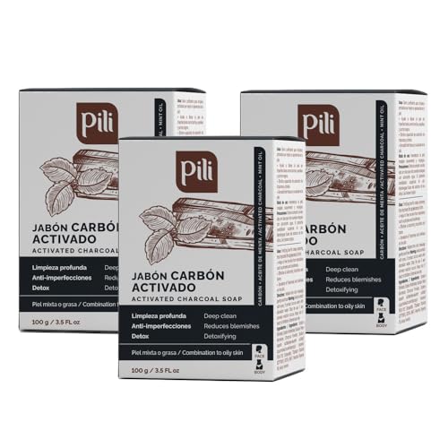 Pili Natural Activated Charcoal Soap Bars with Peppermint oil (3 Pack). Face and Body Natural Detoxifying Soap Bars. For Men, Women and Teens.