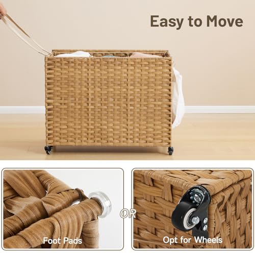 Large Laundry Hamper with Wheels 52.8 Gallon Rattan Clothes Basket with Lid & Removable Liners - Natural, 200L