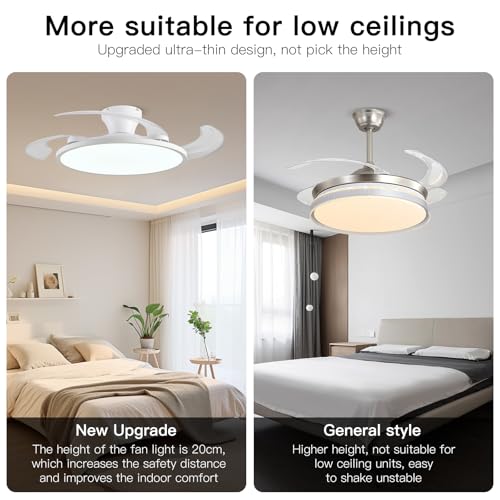 White 42-Inch Retractable Ceiling Fan with Lights & Remote Control - Modern Low Profile Fandelier for Bedroom & Living Room