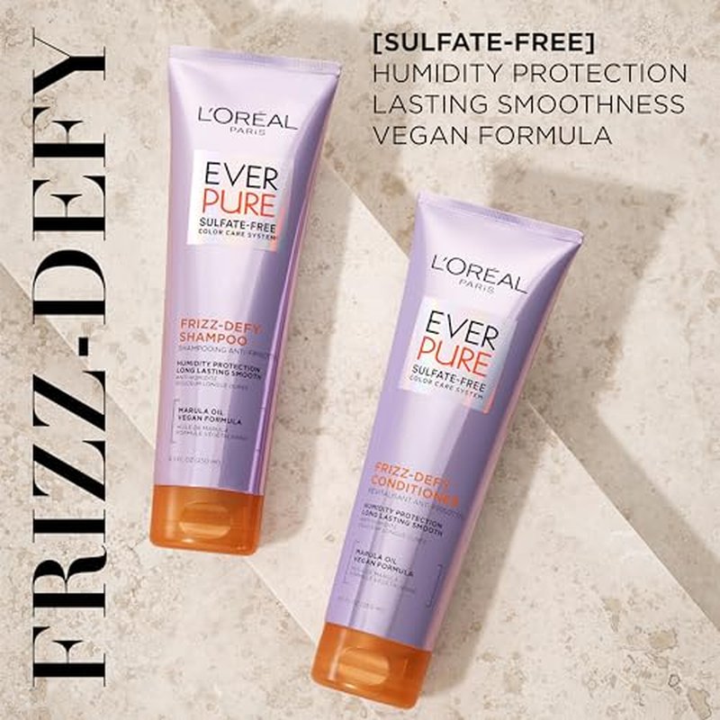 L'Oreal Paris Frizz Defy Shampoo and Conditioner Set, Frizz Control Hair Care with Marula Oil, EverPure, 8.5 Fl Oz, Set of 2