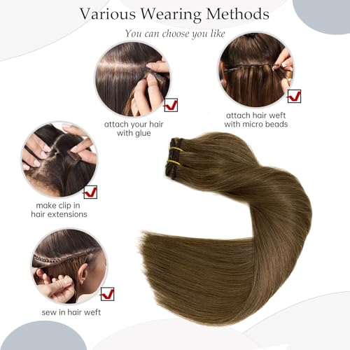 Ash Brown Sew-In Human Hair Extensions 12 Inch Wefts for Women - Light Brown Remy Hair Bundle - Variation #8