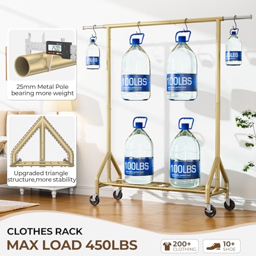HYSEYY Gold Heavy Duty Clothing Rack 450 LBS Standing Garment Rack with Wheels