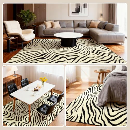 Zebra Pattern 5x7 ft Washable Area Rug for Living Room - Non-Slip Black & White Abstract Carpet - Nursery, Bedroom, Office Decor