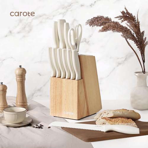 White 15-Piece Knife Set with Wooden Block & Built-In Sharpener - CAROTE
