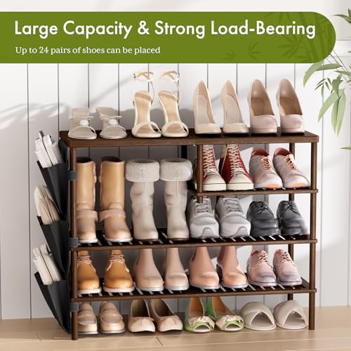 Walnut Brown Bamboo Shoe Rack 4 Tiers - Freestanding Shoe Organizer for 20-24 Pairs