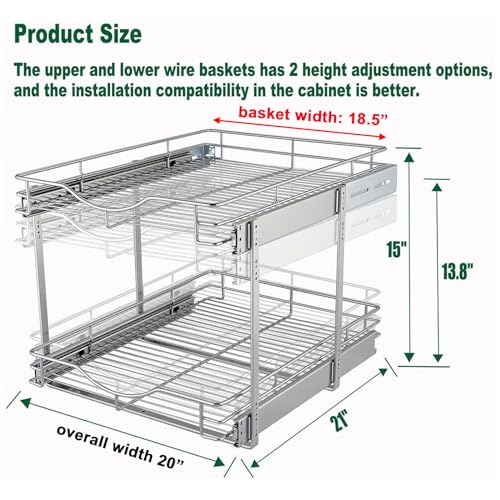 Chrome 2 Tier Pull Out Cabinet Organizer for Kitchen & Pantry - 20" W x 21" D