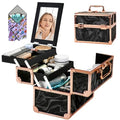 GALHUBIS Rose Gold Black Makeup Train Case with Mirror & 2 Trays - Portable Cosmetic Organizer for Salon & Travel