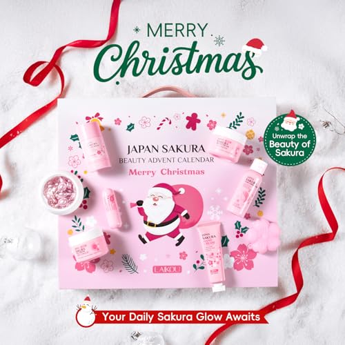 LAIKOU Japan Sakura Beauty Advent Calendar 2025, Christmas Gifts for Women, Skin Care Set, Bath Body Gift Set, New Year Skincare Beauty Gift Baskets, 24pcs Surprise Gift Box for Women and Girls