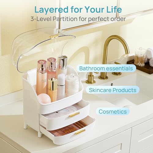 Vtopmart 3-Tier Skincare Makeup Organizer with Drawers and Lid for Vanity and Bathroom Countertop, Large Cosmetic Storage Box Case for Dresser, with Non-Slip Base