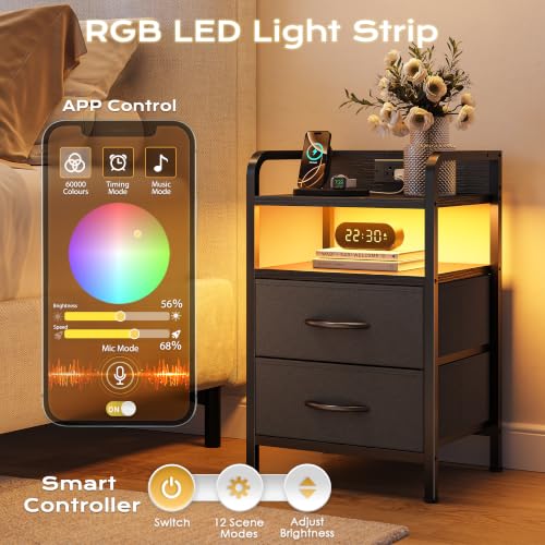 Huuger Black Nightstands Set of 2 with LED Lights and Charging Station