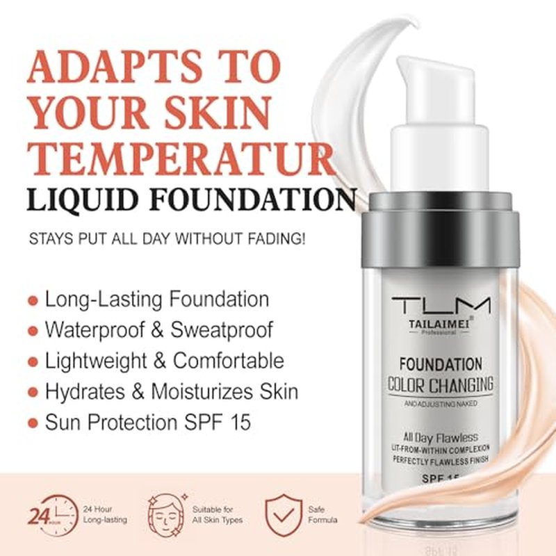 2PCS Flawless Colour Changing Warm Skin Tone Foundation, Naturally Blends Moisturizing foundation makeup, Long Lasting Waterproof Lightweight Liquid Foundation SPF 15 for Face Makeup
