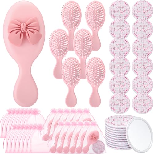Pink Butterfly Wedding Party Favor Set - Mirror & Hair Brush with Coquette Bow Variation