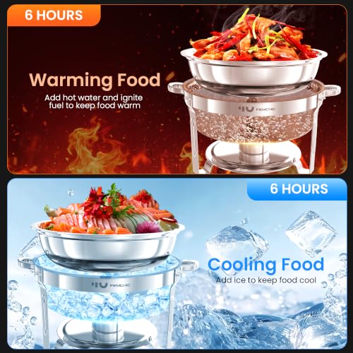7QT Buffet Chafing Dishes Set - 2 Pack Silver Round Food Warmers with Glass Lids