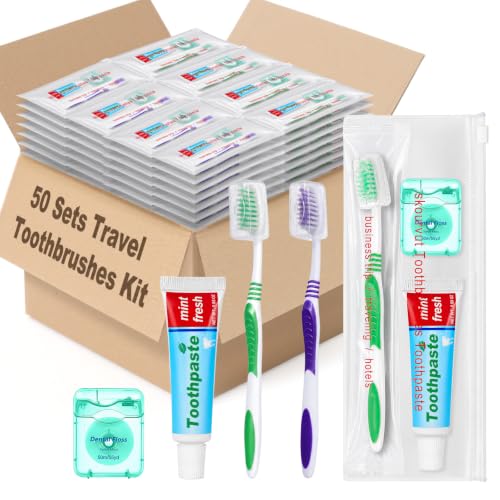 50 Pack Disposable Toothbrush Set with Toothpaste & Floss - Travel Hygiene Kit