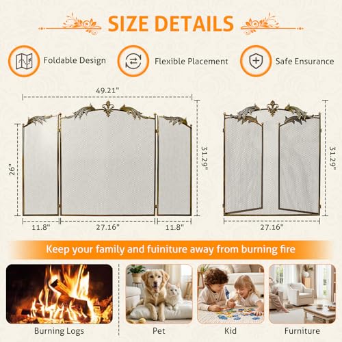 WICHEMI Vintage Style 3-Panel Fireplace Screen 50x32 Inch Bronze - Foldable Safety Guard