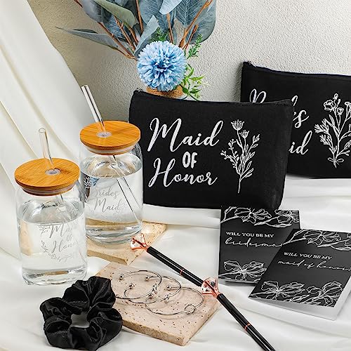 Irenare 36 Pcs Bridesmaid Proposal Gifts Set of 6 Will You Be My Bridesmaid 16 oz Glass Cup Brides Maid Cosmetic Bags Cards Bracelets Bridal Shower Favor Wedding Supplies Bachelorette Party(Black)