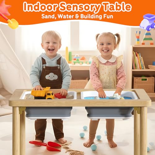 Foldable Wooden Sensory Table with 2 Bins - Indoor/Outdoor Play Set - Space-Saving Design