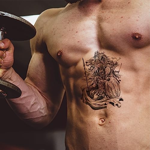 Cool Warrior Roman Temporary Tattoo For Men, Large Black Realistic 3D Greek God Gladiator Fake Tattoo Adult Teen Boy, Spartan Knight Lion Cross Temp Tatoo Sticker Half Sleeve Arm Chest Body, 8-Sheet