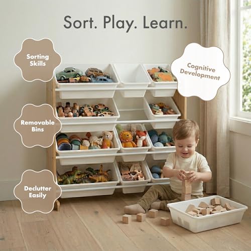 Kids Toy Organizer with 12 Bins - Tall Natural Wood/White Storage Shelf