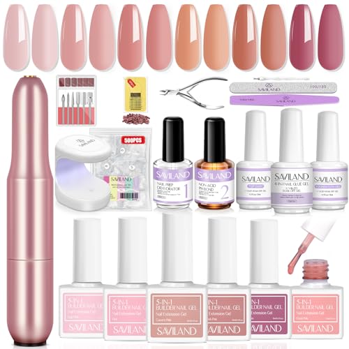SAVILAND Builder Nail Gel Kit with Nail Drill – 18 Pieces, 6 Colors, UV Lamp, Nail Tips & Tools