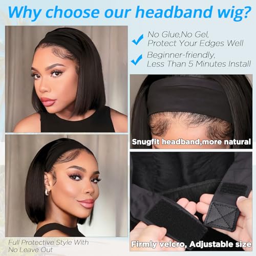 AISI 10In Headband Bob Wig Human Hair No Lace Glueless with Leopard Headband
