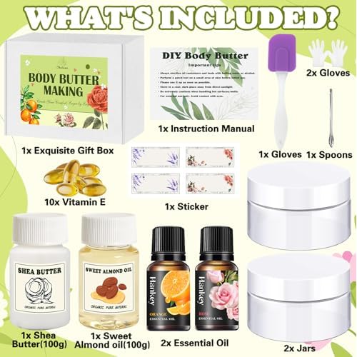 Thaluna Whipped Body Butter Making Kit for Dry Skin, DIY Solid Shea Butter Body Lotion Making Kit with Sweet Almond Oil, Vitamin E, Essential Oil - Moisturizing for Body Christmas Gifts for Women