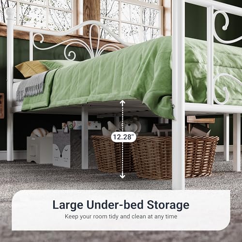 White Twin Metal Platform Bed Frame with Butterfly Pattern Design - Allewie