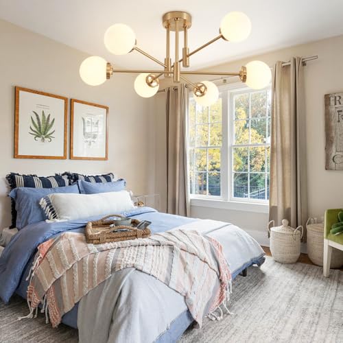 Biewalk Gold 6-Light Sputnik Ceiling Light Fixture with Milk White Glass Shades - Modern Adjustable Chandelier
