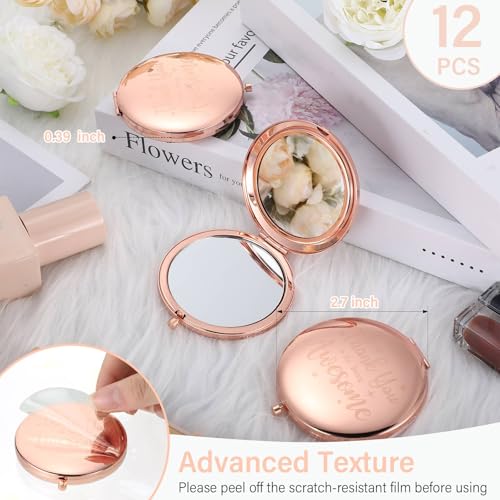 Rose Gold Compact Mirrors Set of 12 - Double Sided Travel Makeup & Magnifying Mirrors, Inspirational Quotes for Women and Gift