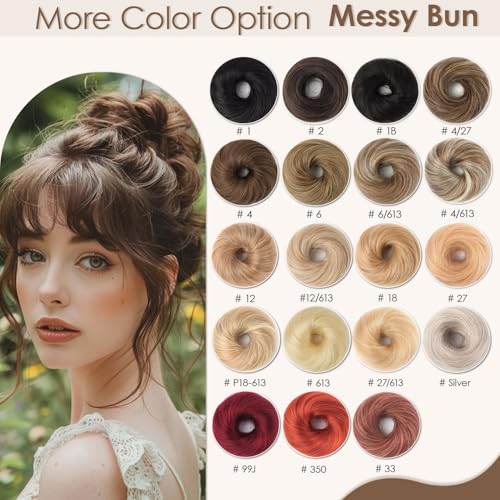 KISANOF 2 Pack Human Hair Messy Bun Hair Piece Honey Brown Highlighted with Elastic Band - Salon Quality