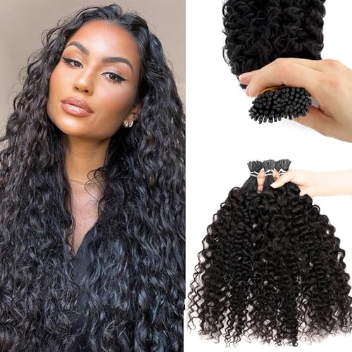 Water Wave I Tip Hair Extensions - Black Human Hair 14 Inch 100 Strands - Curly Pre Bonded Extensions - Variation of ITIP-#WW