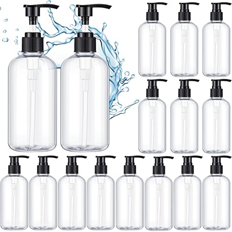16 Pcs Empty Shampoo Bottles Plastic Pump Bottles Liquid Dish Soap Dispenser Refillable Shampoo Dispenser for Shower Wall Shampoo and Conditioner Dispenser for Bathroom Kitchen (250 ML/ 8.5 OZ)