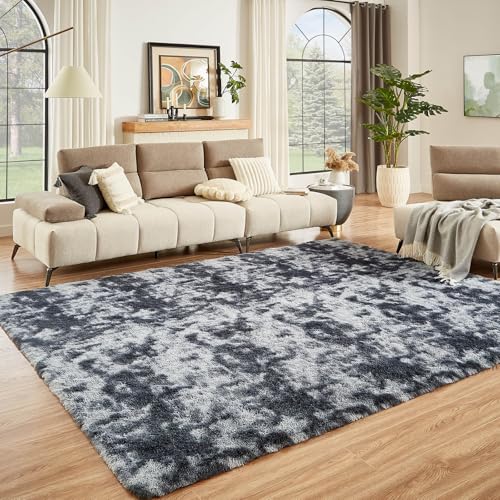 Floralux 8x10 Tie-Dyed Dark Grey Shag Rug - Ultra Soft Large Bedroom & Living Room Floor Carpet