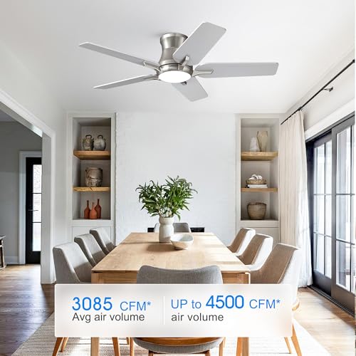 42 Inch Ceiling Fan with Lights and Remote, Reversible Flush Mount Low Profile Fan - Brushed Nickel