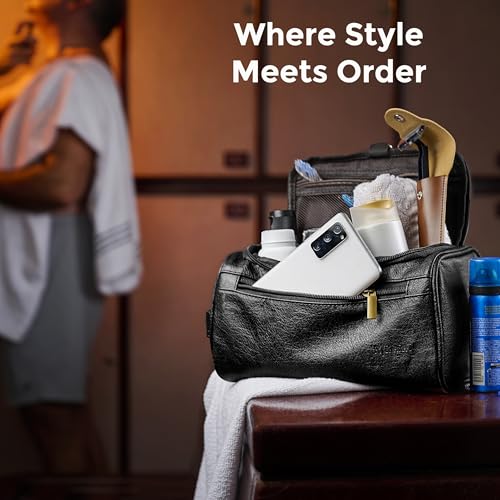 MINARAI- Mens Toiletry Bag with Razor Case?Soft PU Leather-Look Hygiene Bag for men with Wide-Open Access, Hanging Design, and Strong Structure ? Built for Travel, Gym, and Everyday Organization?BLACK