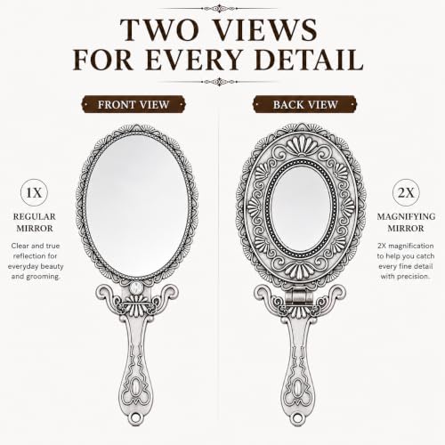 SEHAMANO Vintage Double Sided Handheld Makeup Mirror - Matte Grey (Tin) - Folding Travel & Stand Mirror with Magnification