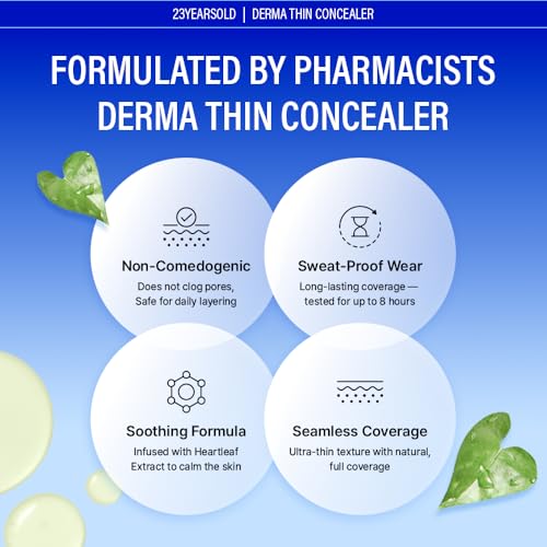 [23YEARSOLD Derma] Thin Concealer #1Y (Glow Beige) ? Sensitive-Skin Friendly, Lightweight & Long-Lasting with Redness-Soothing SWEETONE Formula for a Natural Finish, Easy-to-Carry 0.17 fl oz