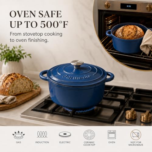 Dutch Oven 5.5QT Enameled Cast Iron Sourdough Bread Cooker Indigo Blue - Parmedu