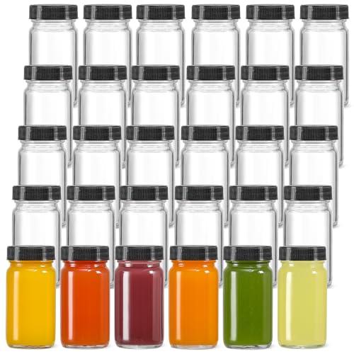 LANDNEOO 30 Pack 2oz Glass Shot Bottles with Black Cap - Wide Mouth, Leakproof, Dishwasher Safe, Travel Essentials