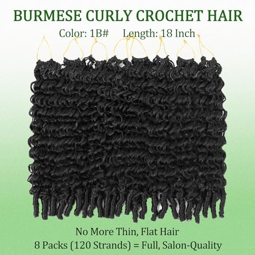 Burmese Curly Crochet Hair 8 Packs - 18 Inch Knotless Spiral Curl Extensions - 1B