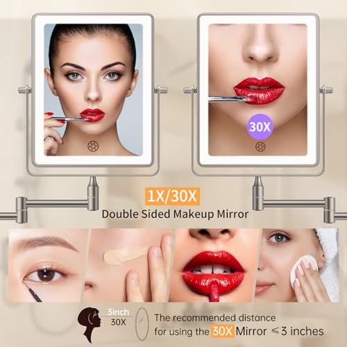 FUNTOUCH 5000mAh Rechargeable Wall Mounted Makeup Mirror with Lights, 8.7" Double Sided 1X/30X Magnifying Mirror with Dimmable 3 Color Light, Extended Swing Arm 360¡Æ Wall Mount Bathroom Vanity Mirror