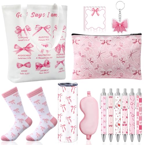 Sieral 14 Pcs Christmas Coquette Pink Bow Gift Set for Santa Women Include Pink Bow Tote Bag 20oz Stainless Steel Cup Socks Gel Ink Pens Sticky Keychain Eye Mask for Gifts