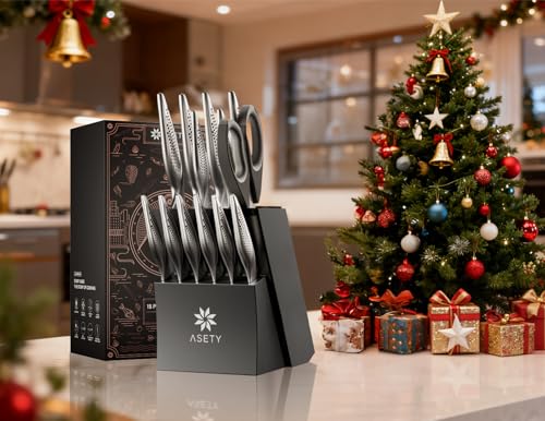 ASETY Steel Gray 15-Piece Knife Block Set - Premium Stainless Steel Kitchen Cutlery
