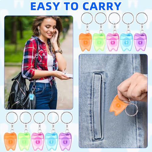 Mini Dental Floss Keychain Set - 50 Multicolor Tooth-Shaped Floss Picks, 16.4 Yards Each - Portable Oral Care for Travel & Gifts