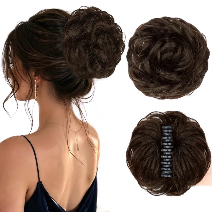 Light Brown Real Human Hair Messy Bun with Claw Clip - 100% Natural Texture